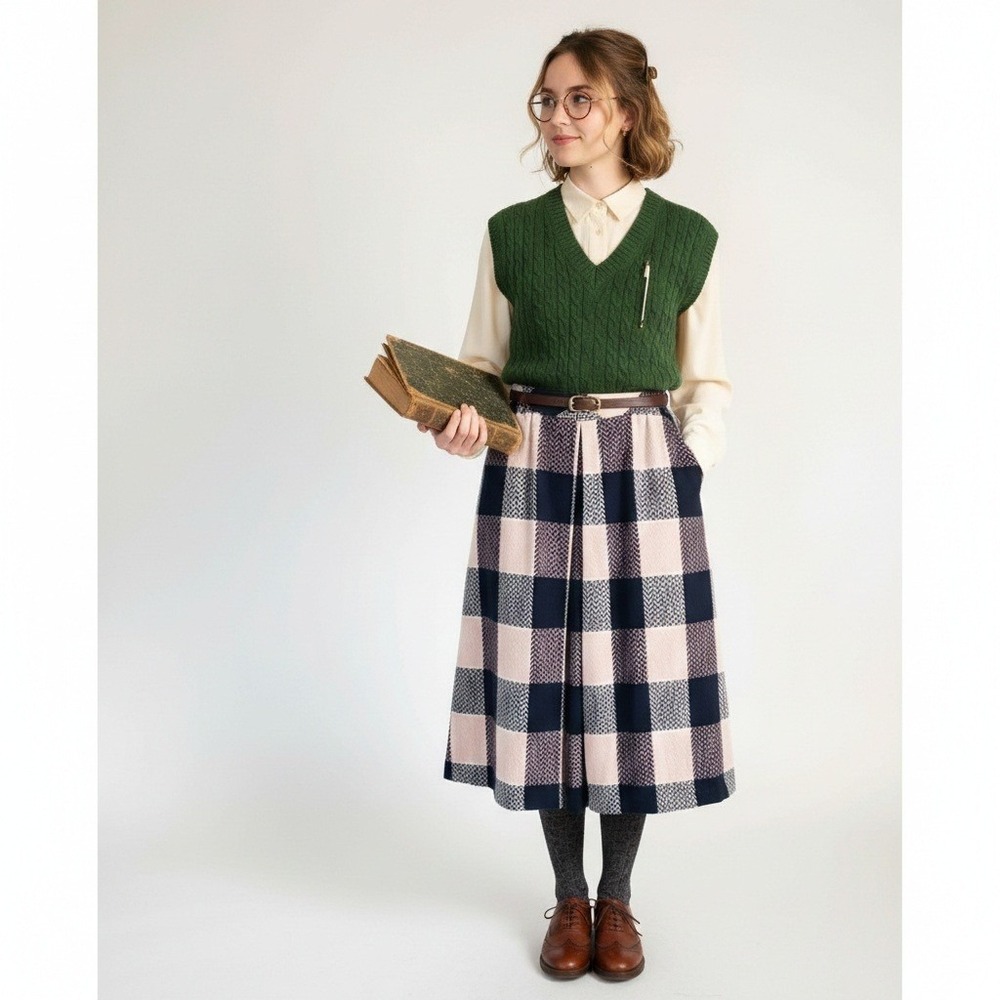 Vintage Midi Skirt XS Academia Schoolgirl Blue Pink Plaid 24" Waist 26"‎ Long